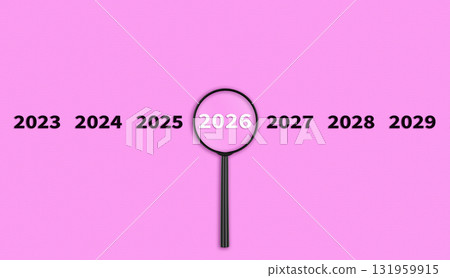 Lens, magnifying glass focusing on the year 2026 on a Pink background. Financial or stock market strategies and past and future events. Lens, magnifying glass focusing on the year 2026 on a Pink background. Financial or stock market strategies and past and future events. 131959915
