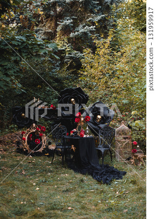 Haunted Garden Scene with Oversized Black Flowers and Red Roses 131959917