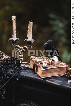 Dark Academia Still Life with Candlelight and Old Book Dark Academia Still Life with Candlelight and Old Book 131959918