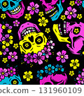 Mexican papel picado Seamless pattern designs - ornate border cutouts with skull motifs, floral patterns and decorative edges in blue and pink colors. Dia de los Muertos. 131960109