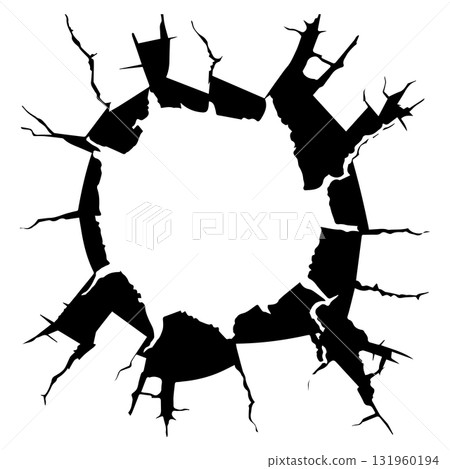 Black circular shattered hole with jagged edges, cracked wall texture, isolated on white background for creative design projects 131960194