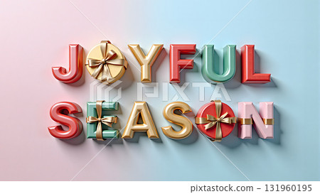 joyful season typography with colorful 3D letters and golden ribbons. joyful season typography with colorful 3D letters and golden ribbons. 131960195