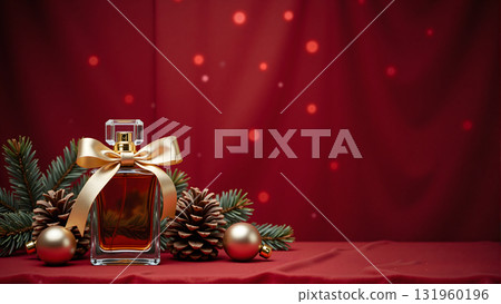 luxury perfume bottle with golden bow and Christmas decoration on red background. luxury perfume bottle with golden bow and Christmas decoration on red background. 131960196