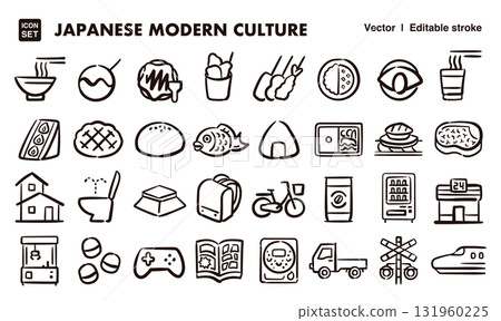 Hand-drawn icon illustration set of modern Japanese culture. EPS version can be edited to change line thickness, etc. 131960225