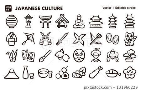 Hand-drawn icon illustration set of traditional Japanese culture. EPS version can be edited to change line thickness, etc. 131960229