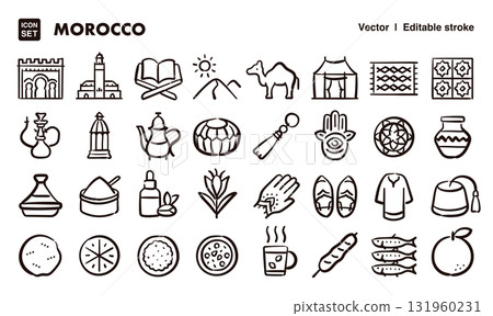 摩洛哥手繪圖示插畫集。 EPS 版本可編輯以變更線條粗細等。 131960231
