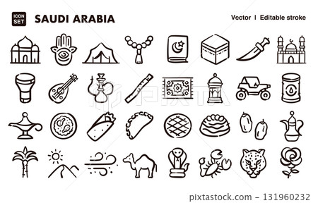 Saudi Arabia hand-drawn icon illustration set. EPS version can be edited to change line thickness, etc. 131960232