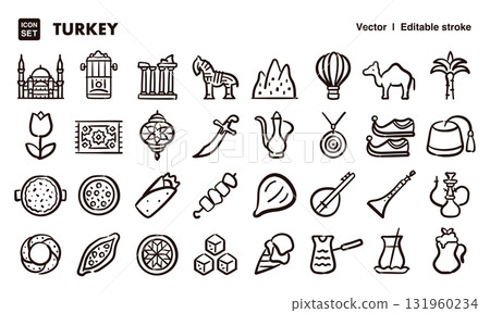 Türkiye hand-drawn icon illustration set. EPS version can be edited to change line thickness, etc. 131960234