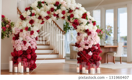 Elegant indoor floral arch with red, pink, and white roses and candle arrangement. 131960407