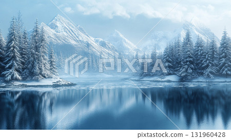 winter landscape with snow. mountain and pine forest with reflection in water 131960428