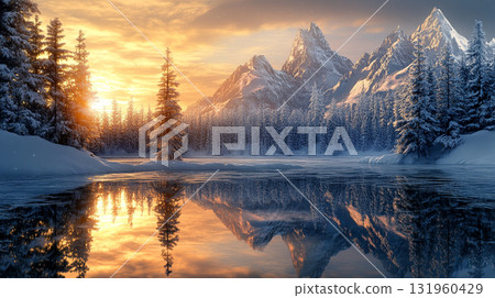 pine forest with snowy mountain background with reflection. winter landscape scene pine forest with snowy mountain background with reflection. winter landscape scene 131960429