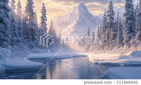 frozen river with pine forest and mountain background with snow. nature landscape scene in winter 131960430
