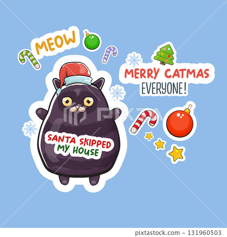 Merry Christmas greeting card or banner with Black cat with Santa hat , quotes, candy, balls, tree,stars ,snowflakes isolated on blue background. Christmas stickers concept illustration set Merry Christmas greeting card or banner with Black cat with Santa hat , quotes, candy, balls, tree,stars ,snowflakes isolated on blue background. Christmas stickers concept illustration set 131960503