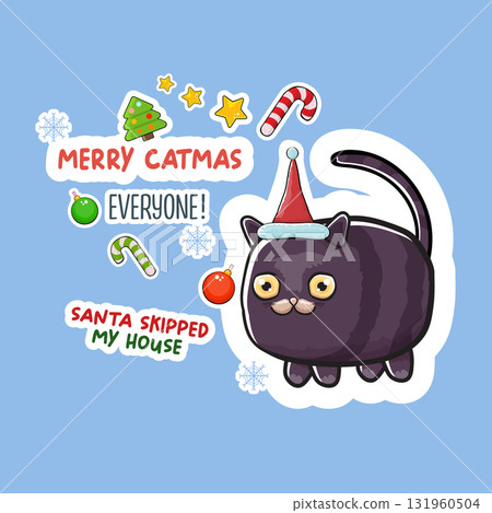 Merry Christmas greeting card or banner with Black cat with Santa hat , quotes, candy, balls, tree,stars ,snowflakes isolated on blue background. Christmas stickers concept illustration set 131960504