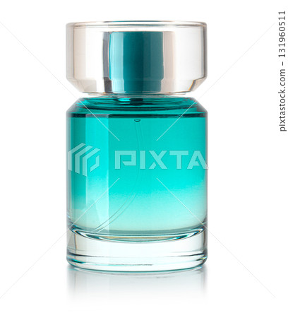 Turquoise perfume bottle with silver cap on white background Turquoise perfume bottle with silver cap on white background 131960511
