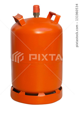 Orange lpg gas cylinder providing cooking fuel energy 131960534