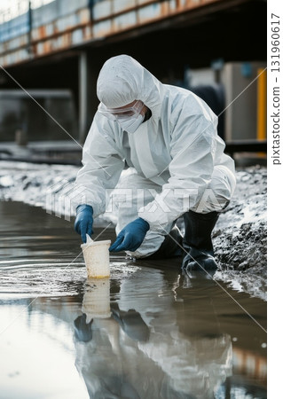 An Environmental Scientist is actively collecting water samples 131960617