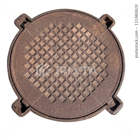 Rusty cast iron manhole cover on transparent background 131960628