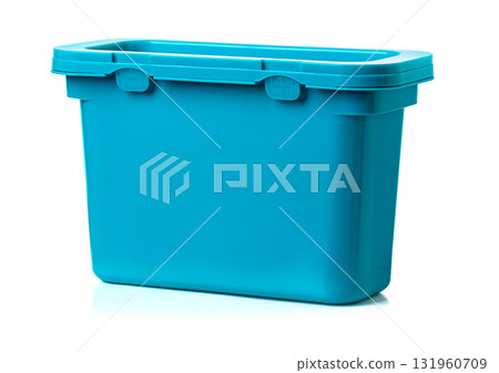 Closed light blue plastic storage box isolated on white background Closed light blue plastic storage box isolated on white background 131960709