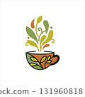 A colorful cup of tea with leaves and steam, isolated on white background vector design 131960818
