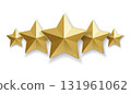 Five gold star 3D for rating, review, or quality award on white background. Golden 3D stars icon set for excellence, success, and achievement symbol. 131961062