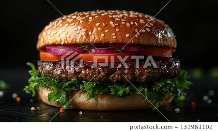 Gourmet beef burger with fresh vegetables and sesame bun on dark background. Classic American fast food with premium ingredients 131961102