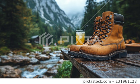 Hiking boot with refreshing drink alongside mountain stream, capturing outdoor adventure moments in wilderness landscape 131961128