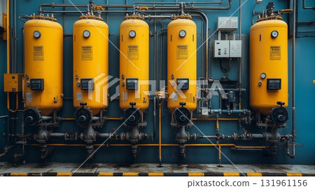 Industrial pressure vessels system with yellow tanks and gauges mounted on blue wall, manufacturing equipment setup 131961156