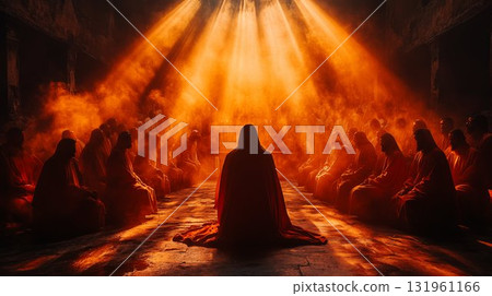 Jesus Christ teaching disciples in divine light rays, biblical scene representation 131961166