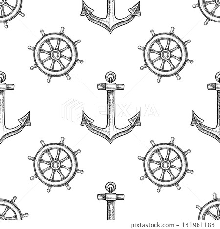 Seamless pattern with ship s steering wheels. Black and white graphics, hand-drawn vector illustrations. For children s games and celebrations. For textiles, packaging, decor, wallpapers, and more. Seamless pattern with ship s steering wheels. Black and white graphics, hand-drawn vector illustrations. For children s games and celebrations. For textiles, packaging, decor, wallpapers, and more. 131961183