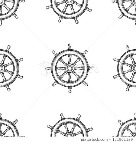 Seamless pattern with ship s steering wheels. Black and white graphics, hand-drawn vector illustrations. For children s games and celebrations. For textiles, packaging, decor, wallpapers, and more. 131961189