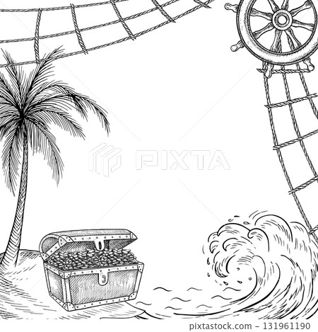 Frame Treasure Island. Black and white graphics, hand-drawn vector illustration. An old chest with gold coins on an island under a palm tree. For children s games, holidays, postcards, and posters. 131961190