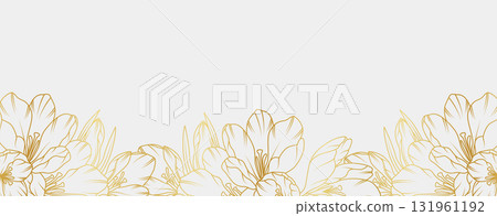 Luxury gold crocus flowers background. Floral pattern tropical in line art style for greeting, invitation, wedding card, wall art, wallpaper and print. Vector illustration 131961192