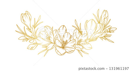 Golden crocus flowers line art isolated on white background. Luxury crocus floral design elements for invitation, wedding, wallpaper, print template, vector illustration Golden crocus flowers line art isolated on white background. Luxury crocus floral design elements for invitation, wedding, wallpaper, print template, vector illustration 131961197