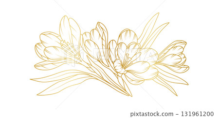 Golden crocus flowers line art isolated on white background. Luxury crocus floral design elements for invitation, wedding, wallpaper, print template, vector illustration 131961200