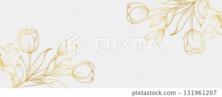 Luxury gold lily and tulip flowers background. Floral pattern tropical in line art style for greeting, invitation, wedding card, wall art, wallpaper and print. Vector illustration 131961207