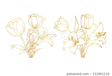 Golden lily and tulip flowers line art isolated on white background. Luxury tulip lily floral design elements for invitation, wedding, wallpaper, print template, vector illustration Golden lily and tulip flowers line art isolated on white background. Luxury tulip lily floral design elements for invitation, wedding, wallpaper, print template, vector illustration 131961210