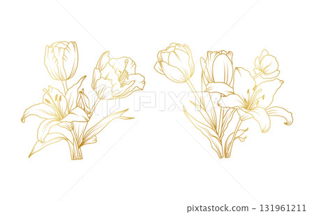 Golden lily and tulip flowers line art isolated on white background. Luxury tulip lily floral design elements for invitation, wedding, wallpaper, print template, vector illustration 131961211
