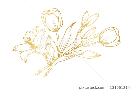 Golden lily and tulip flowers line art isolated on white background. Luxury tulip lily floral design elements for invitation, wedding, wallpaper, print template, vector illustration Golden lily and tulip flowers line art isolated on white background. Luxury tulip lily floral design elements for invitation, wedding, wallpaper, print template, vector illustration 131961214