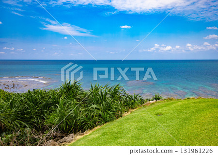 A resort golf course with a hole over the sea where the refreshing blue sky, blue sea, and vibrant grass of the tropical islands shine (Miyakojima City, Okinawa Prefecture) 131961226
