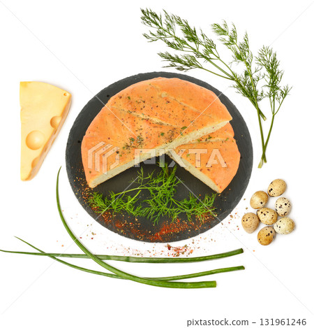 Flatbread Focaccia Still Life with Cheese and Quail Eggs 131961246