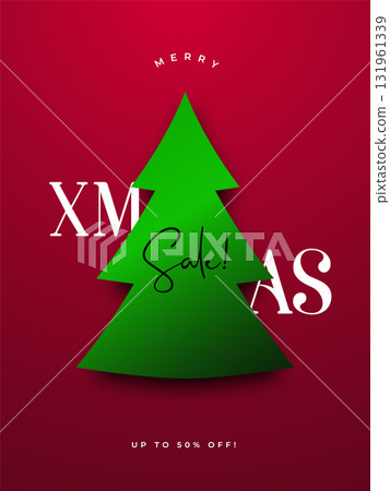 Bold green Christmas tree against vibrant red backdrop celebrati Bold green Christmas tree against vibrant red backdrop celebrati 131961339