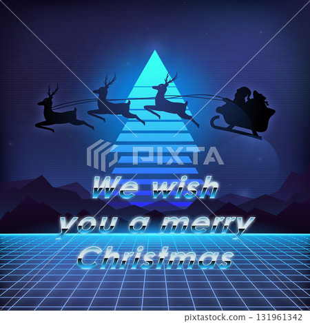 Festive scene features reindeer flying over mountains with neon 131961342