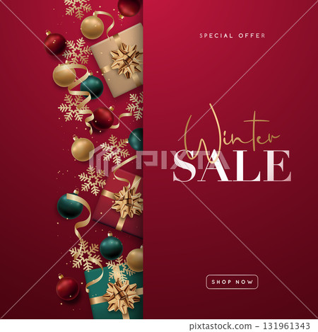 Bold red background showcases festive gifts, ornaments, and eleg Bold red background showcases festive gifts, ornaments, and eleg 131961343