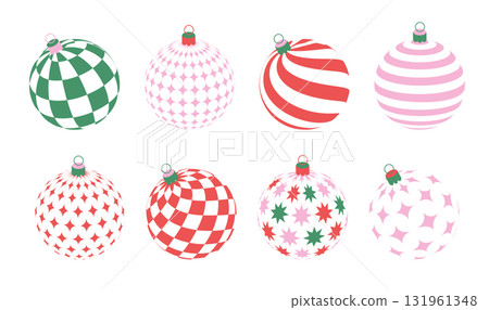 Whimsical minimal Christmas decorative balls for xmas trees, new year concept. Geometric patterns on round balls shapes. Vintage vector illustration. 131961348