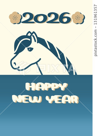 新年賀卡模板，帶有馬的側面像和梅花插圖、新年快樂和 2026 年的文字，垂直 131961357