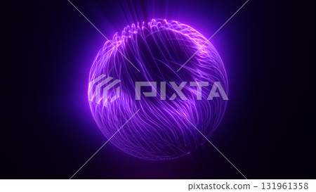 Bright pink and violet neon sphere with glowing electric strands and tiny light particles in a digital space 131961358