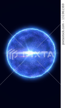 Glowing blue energy sphere with bright core and particle halo on dark background 131961369