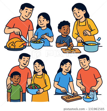 Isolated colorful illustration of happy family cooking together separated layered scenes 131961585