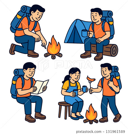 Isolated colorful illustration of layered camping people separated by activities Isolated colorful illustration of layered camping people separated by activities 131961589
